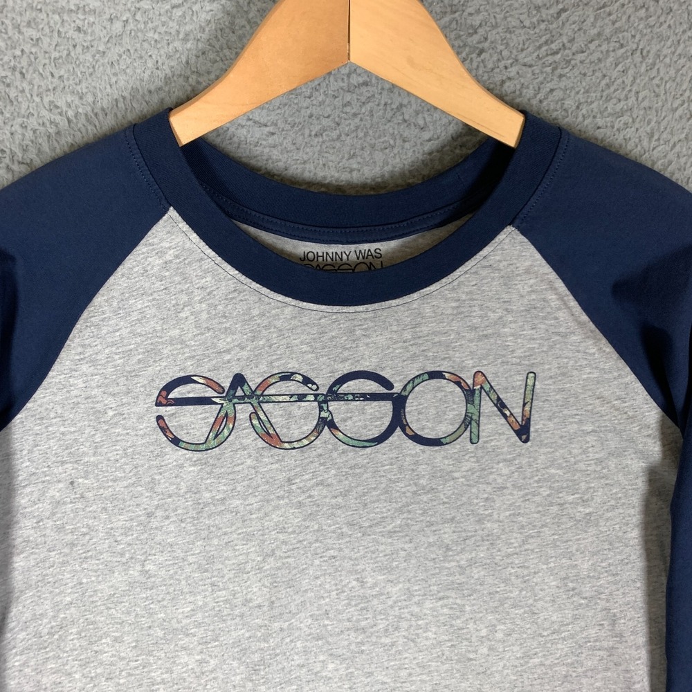 Johnny Was Sasson Raglan Baseball T-Shirt Women's Large L Grey/Blue Floral Logo - Picture 2 of 11